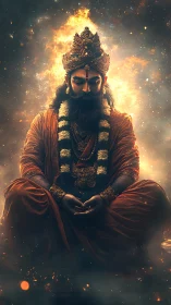 Fiery-lit meditative sage rendered with high dynamic contrast