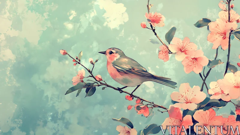 Bird Perched Among Blooming Flowers Against Soft Sky.