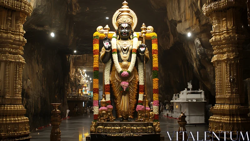 Gilded Hindu deity statue in illuminated rock cave sanctum