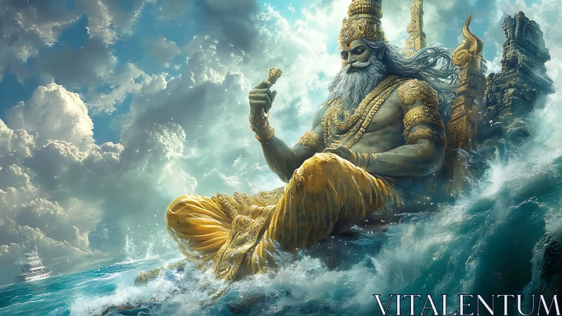 Oceanic deity seated amid storm-tossed waves and golden spires.