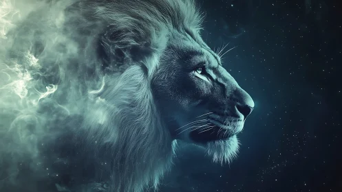 Celestial lion profile emerges from luminous cosmic mist