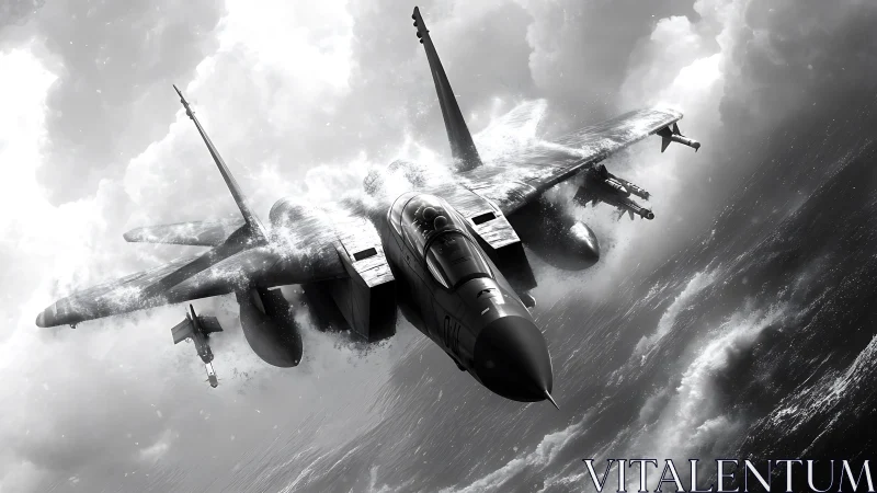 Roaring jet fighter cuts through storm clouds above wild seas