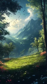 Sunlit mountain valley with lush forest and wildflowers.