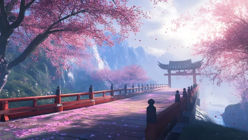 Sunlit cherry blossom bridge inviting a gentle daydream.