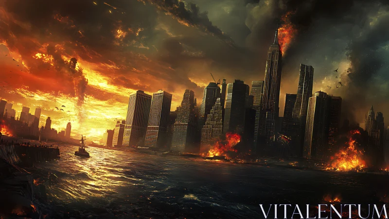 Burning city skyline under explosive, fiery storm clouds