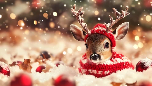 Snowy sweater fawn crowned in cozy candy-cane antlers.