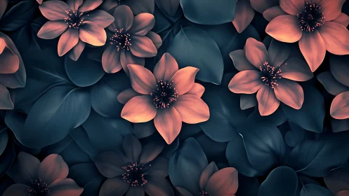 Coral Flowers on Dark Teal Leaves.