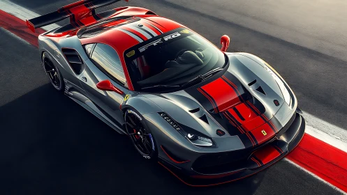 Ferrari track hypercar in red grey livery on pit lane.