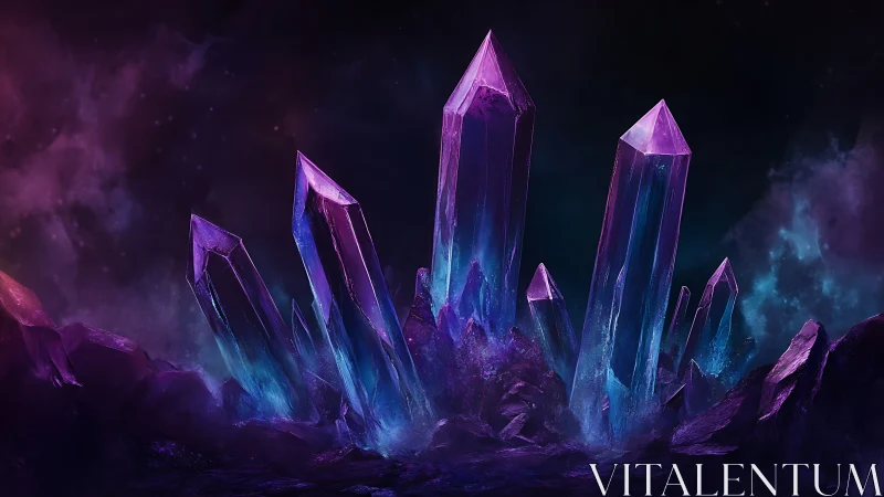 Cluster of glowing purple crystals rises from dark ground