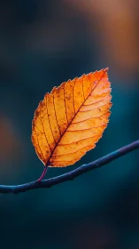 Autumn leaf macro suspended on branch with teal bokeh glow.
