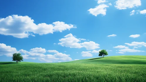 Minimalist green hillside under vivid blue cumulus sky.