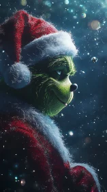 Mischievous green Christmas trickster smiles in snowy night