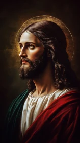 Sacred-robed figure in haloed three-quarter profile portrait.