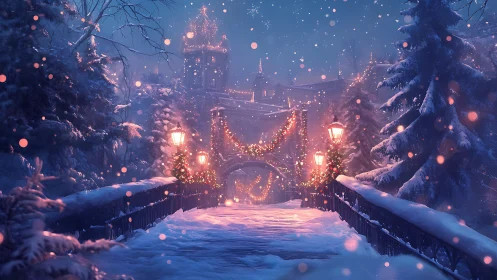 Snowy bridge toward enchanted winter castle at dusk.