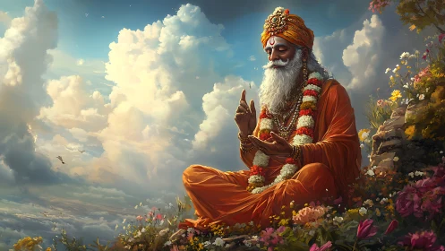 Golden-robed sage meditates peacefully among mountain flowers