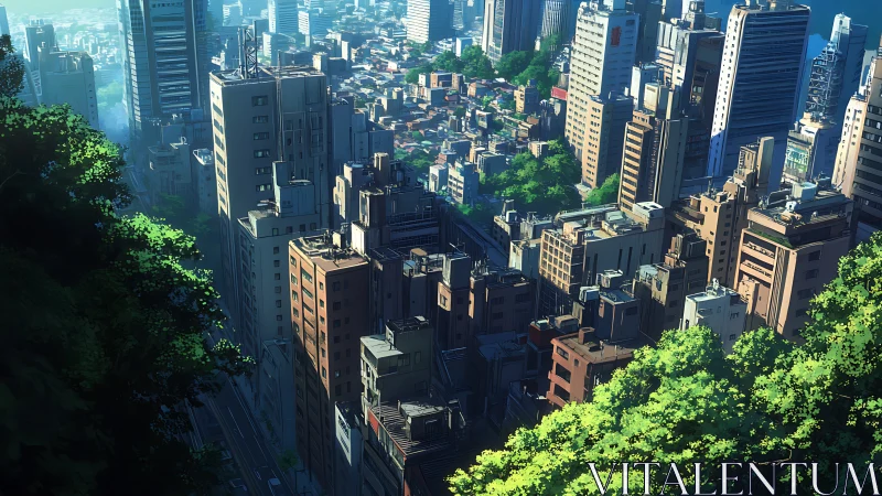 Dense midrise anime cityscape with layered foliage and volumetric light