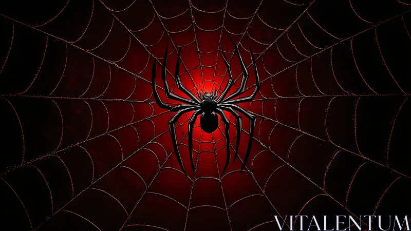 Radial red spider web with central black arachnid silhouette