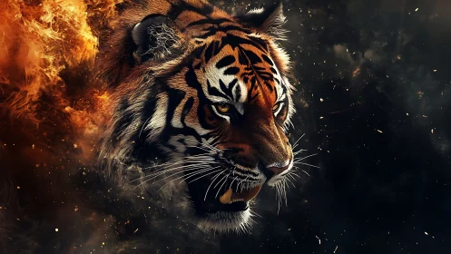 Hyperreal tiger portrait emerging through dynamic fire and smoke