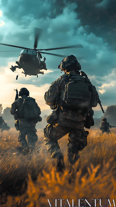 Soldiers advance toward helicopter under cinematic sunset light.