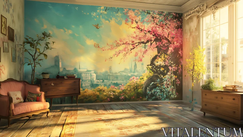 Interior room with large cityscape and blossom wall mural.