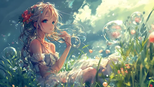 Sunlit meadow girl listens gently to whispering bubbles