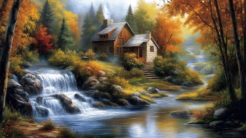 Peaceful forest cabin nestles by a bright cascading river