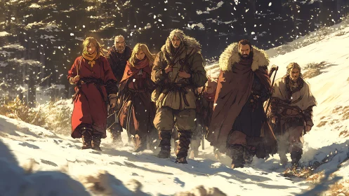 Cinematic fantasy caravan in winter mountain pass composition.