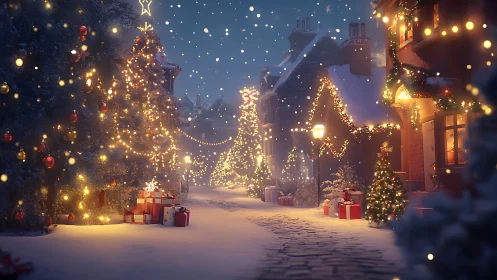 Snow-covered village street with illuminated Christmas décor