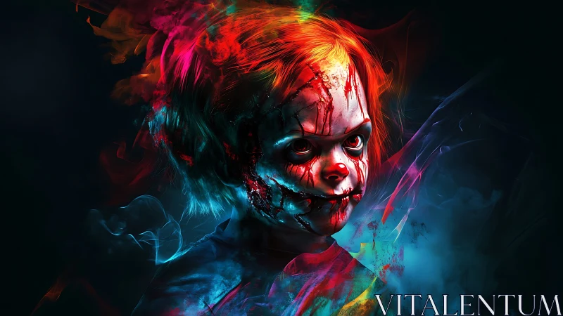 Neon-scarred doll studies mischief in electric twilight