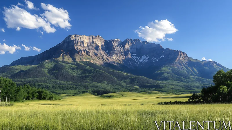 Sunlit mountain ridge rises above peaceful green valley fields