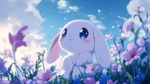 Soft-lit anime rabbit rendered in low-angle floral meadow scene