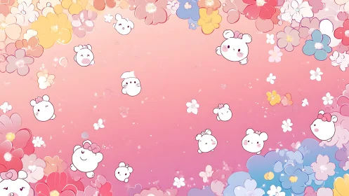 Kawaii particle critters drifting through floral gradient field.