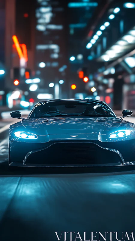 Low-angle frontal view of blue sports car under neon city lights