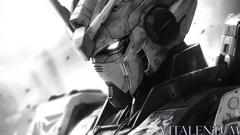 Battle-worn mecha stands solemnly amid drifting urban ash