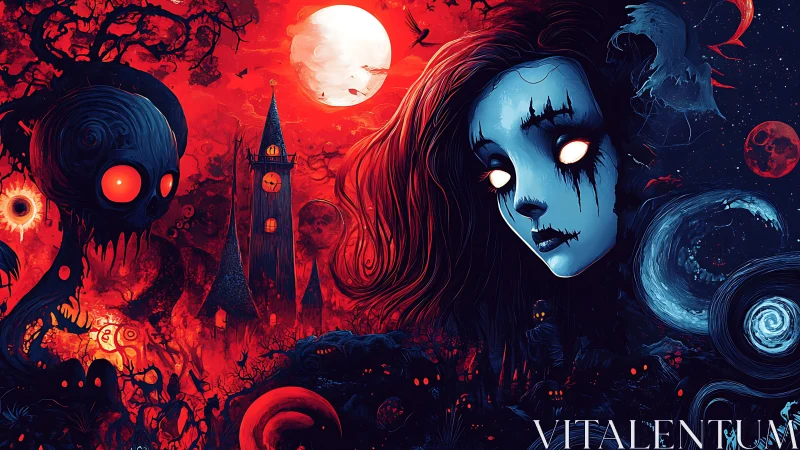 Haunted lunar divide with spectral girl and infernal forest.