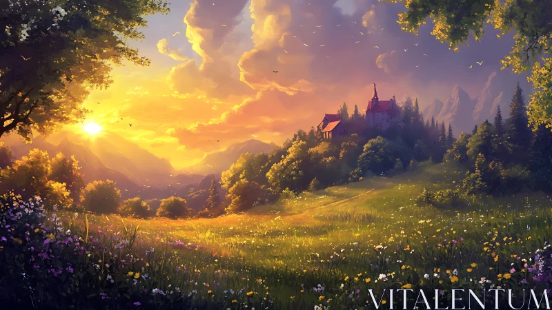 Golden sunset meadow embracing a distant hilltop home.