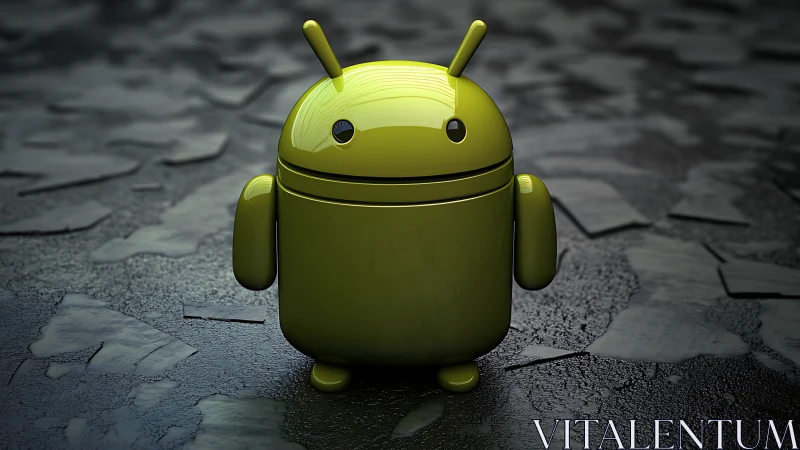 Green robot mascot stands on textured, reflective surface