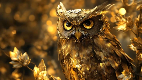 Golden owl portrait with detailed metallic plumage backdrop.