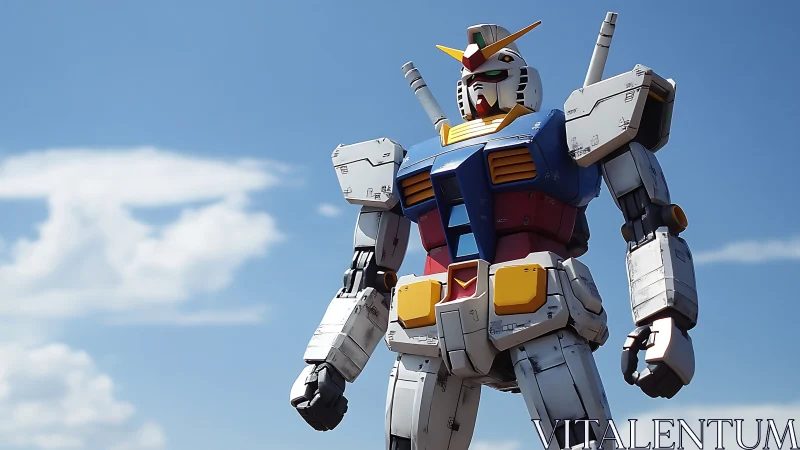 Photorealistic mecha monument under clear sky, low-angle view.