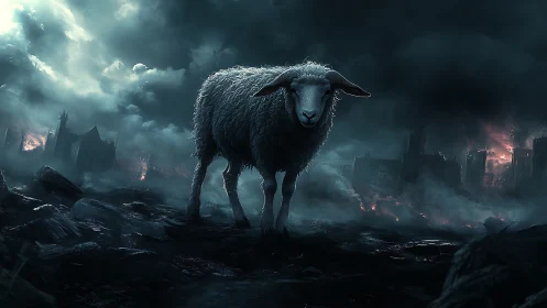 Solitary sheep standing in dark ruined cityscape at night.