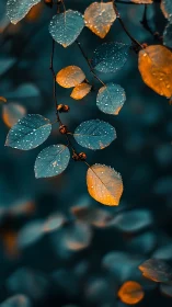 Macro bokeh study of dewy blue and orange autumn leaves