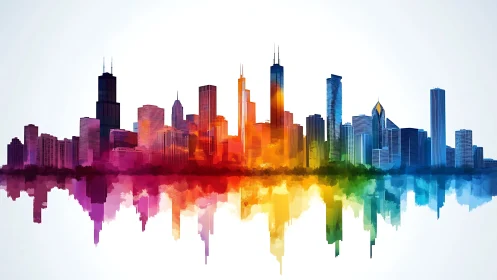 Multicolor urban skyline with mirrored waterfront reflection.