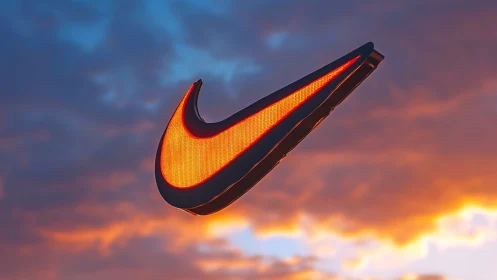 Illuminated orange swoosh logo glows over sunset clouds.