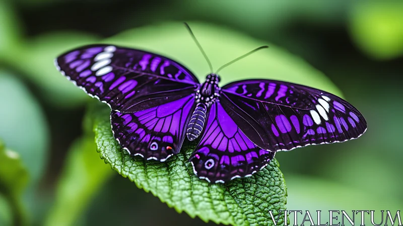 Purple butterfly on green leaf in natural outdoor habitat.