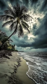 Tropical Beach with Palm Trees and Storm Clouds.