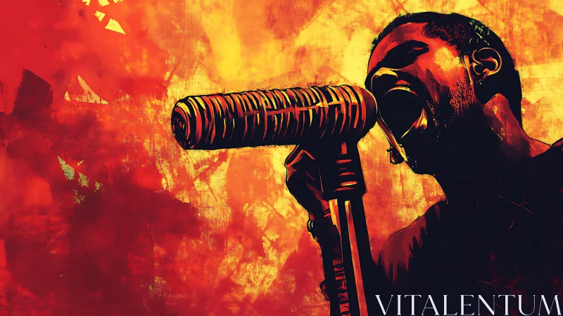 Digital painting of rock singer screaming into vintage mic.