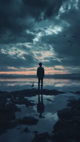 Solitary figure watches stormy dusk sky over still water.