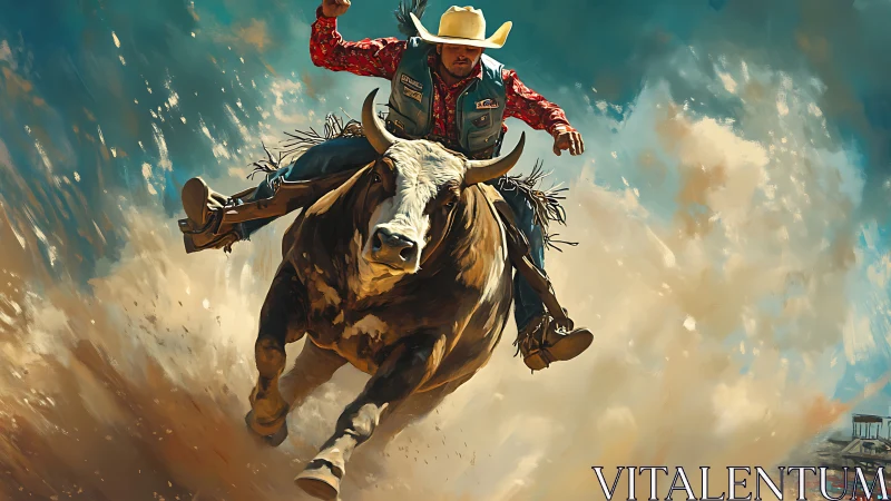 Bull rider charges through dust clouds in dynamic rodeo scene.