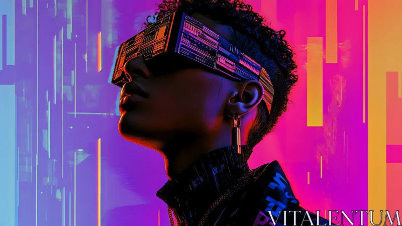 Cyberpunk profile with neon visor and abstract lights.