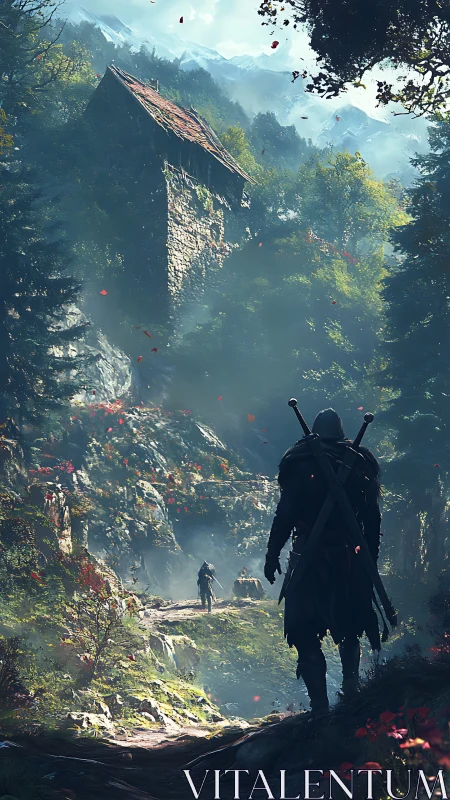 Medieval cloaked warriors advance toward ruined hill tower